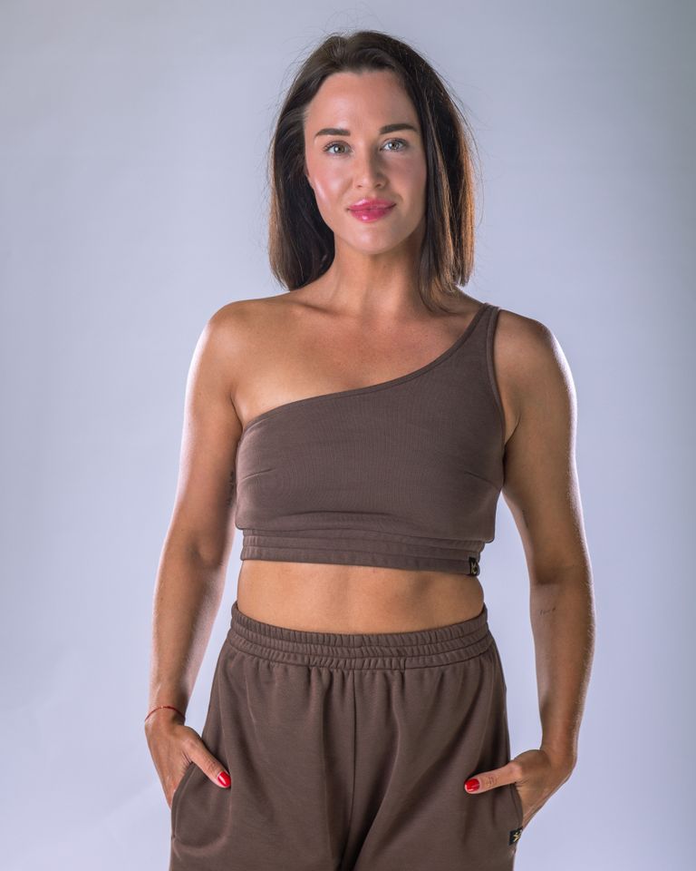 Women's One-Shoulder Top Brown XS-4